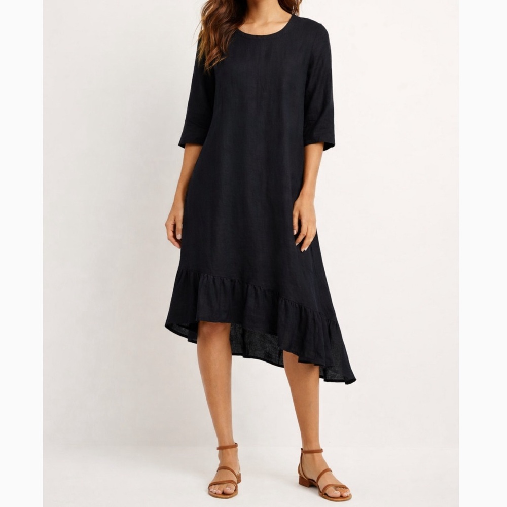 L&B Black Linen Blend Asymmetrical Ruffle Hem Midi Dress - Size Medium